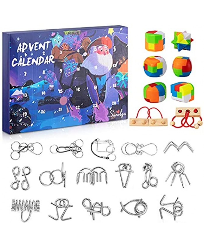 Sunolga Advent Calendar 2021 Metal Wire Wooden and Plastic Puzzles Christmas Countdown Calendar Gift Box for Xmas Holiday Party Set of 24 Brain Teaser Puzzles Toys for Kids Teens Adults