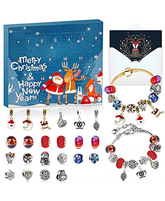 SUPER YIICOO Christmas Advent Calendar 2021 for Girls Xmas Countdown Calendar 24 Days Christmas Bracelet Gift Set DIY Bracelet Making Kit for Women Kids with 22 Charm Beads 2 Bracelets Blue