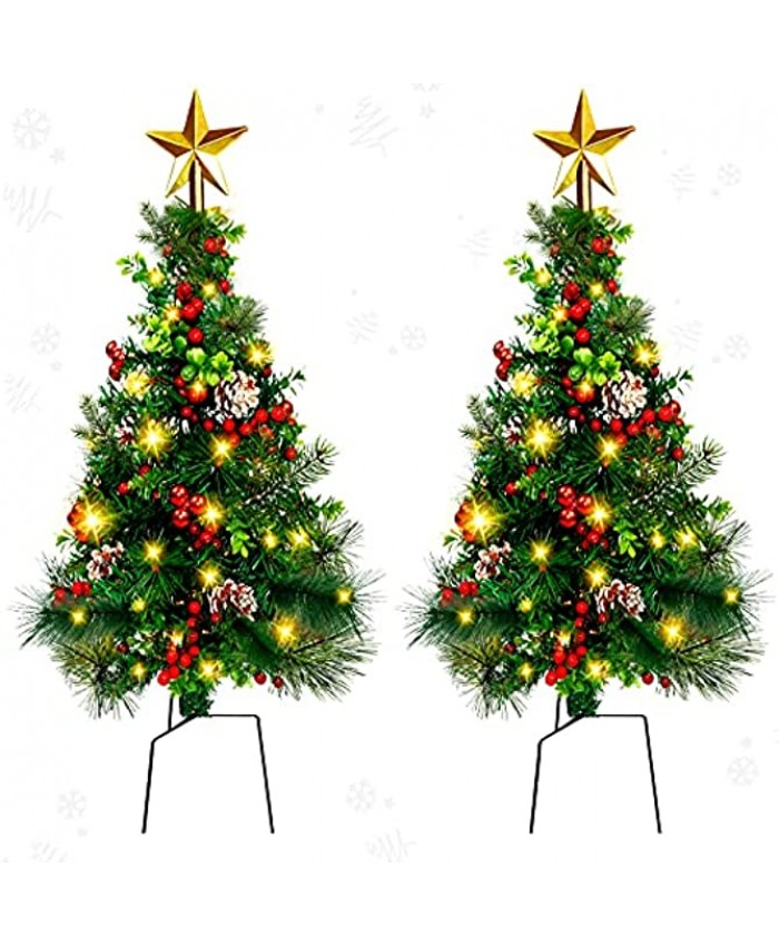 2 Sets Prelit Christmas Tree 33 inch Pathway Xmas Trees Porch Artificial Battery Operated Outdoor Xmas Decor for Entrance Driveway Yard Garden Red Berries Pine Cones