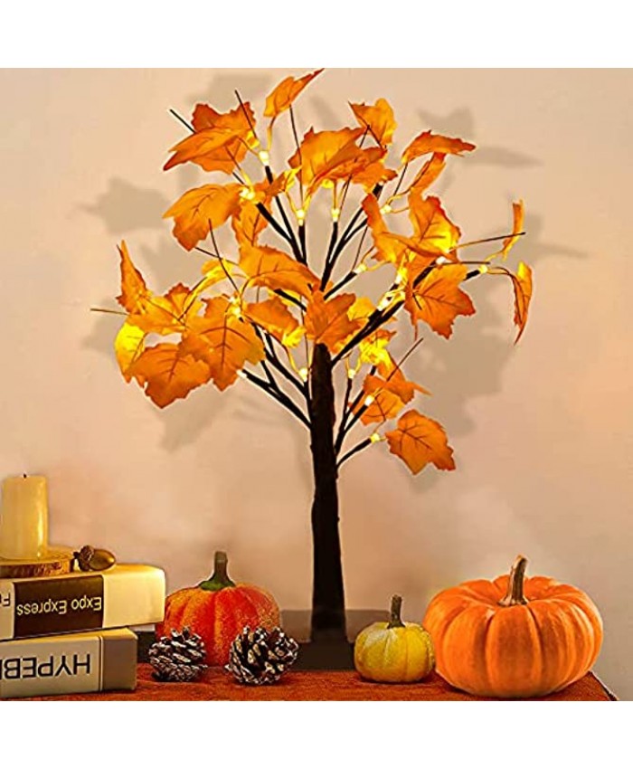 24" Thanksgiving Maple Table Lights Decorations Artificial Fall Leave Lighted Bonsai Tree with 24 LED Light Up Maple Leave Autumn Decor Battery USB Operated for Indoor Home Bedroom