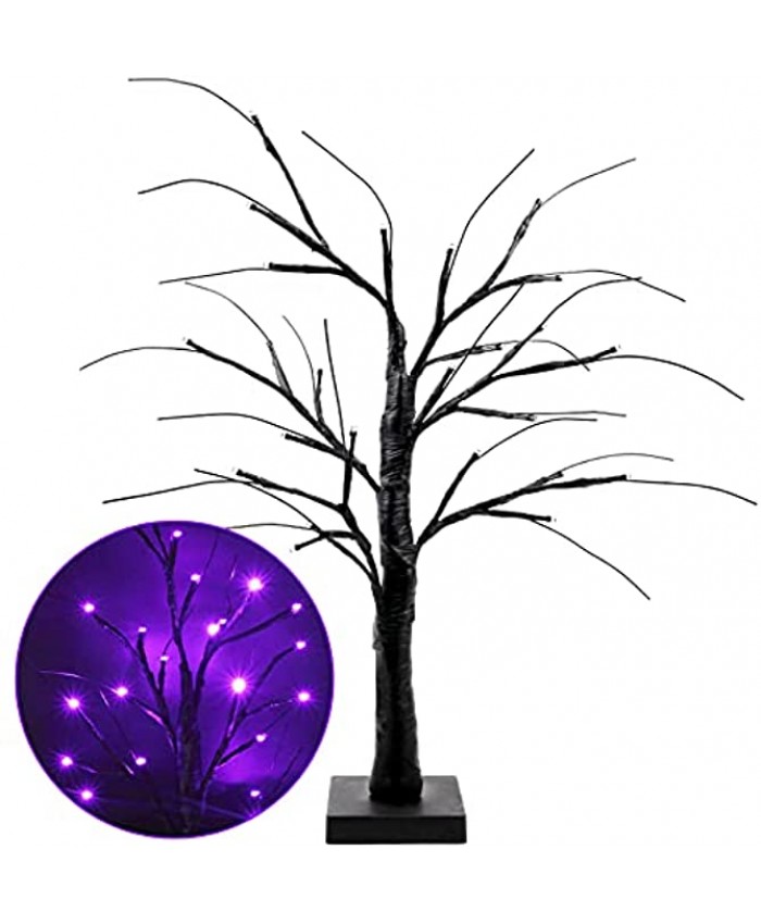2FT Lighted Black Halloween Tree for Tabletop Spooky Tree with 24 LED Purple Lights Halloween Decorations Clearance