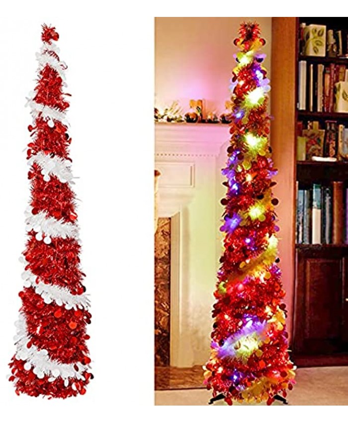 AerWo Pop up Tinsel Christmas Tree 5 Ft Skinny Pencil Christmas Tree with Lights PreLit Red Artificial Christmas Tree with 60 Led Color Light for Indoor Home Room Holiday Party Xmas Decoration