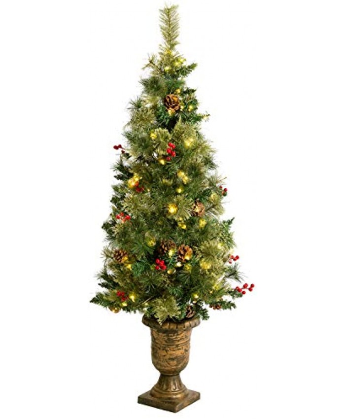 AsterOutdoor Pre-lit Christmas Tree 4ft Artificial Potted Fir with Lights Holly Berries Pine Cones Stands for Indoor Porch Table Xmas Holiday Decoration Easy Assembly