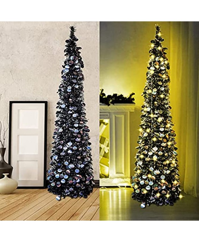 Black Artificial Christmas Tree with 50 Lights,5ft Pop Up Collapsible Pencil Tinsel Trees for Bedroom Decorations Holiday Party WOKEISE