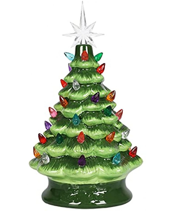 Christmas Ceramic Tree-Tabletop Christmas Tree with Lights-Lighted Vintage Ceramic Tree-Painted Ceramic Tabletop Christmas Tree Holiday Decoration-12 Inch Green Christmas Tree Multicolored Lights