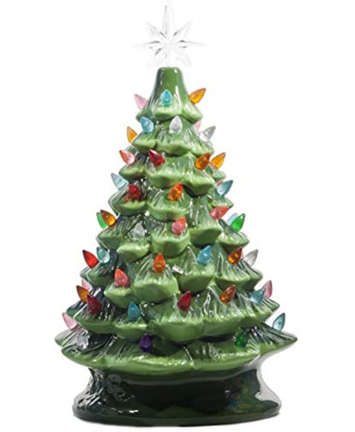 Christmas is Forever Lighted Tabletop Ceramic Tree 16 Inch Green Tree with Multicolored Lights