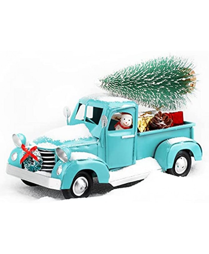 CYAOOI Christmas Vintage Blue Truck Decor Farmhouse Turquoise Metal Truck Car with Mini Christmas Trees Ornaments and Mini Boxes Ornaments Decorative Truck Planter for Christmas Table Decoration