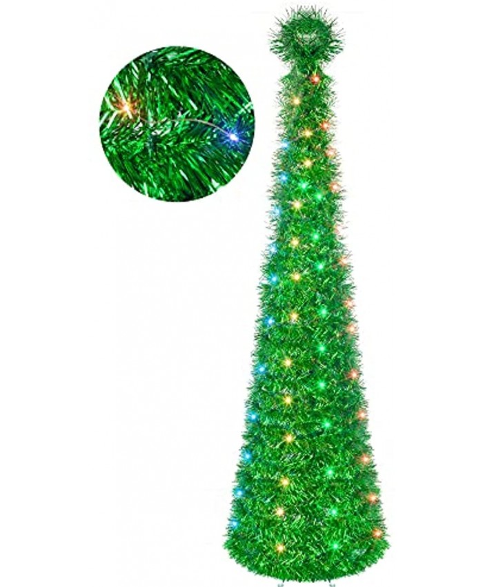 FUNPENY 5 FT Pop up Christmas Tree 50 LED Multi-Colored Lighted Artificial Tinsel Xmas Tree with Timer Battery Operated Pencil Christmas Tree for Indoor Holiday Home Party Decoration Green