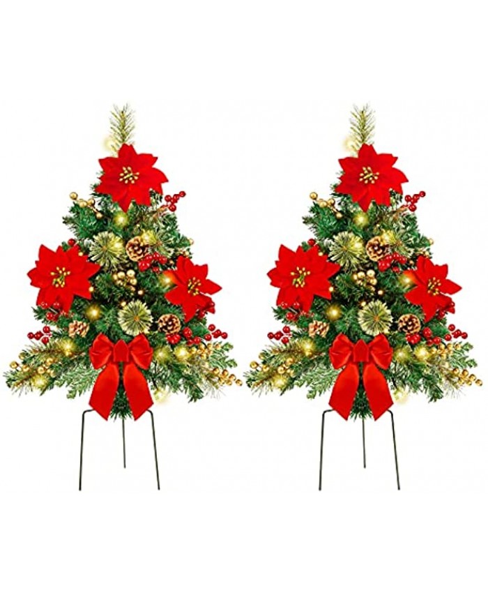 GUOOU Set of 2 30 Inch Pre-Lit Pathway Christmas Trees Outdoor Christmas Tree Decorations for Porch Driveway Yard Garden with 60 LED Lights Poinsettia Flowers Red Berries Pine Cones Red Bow