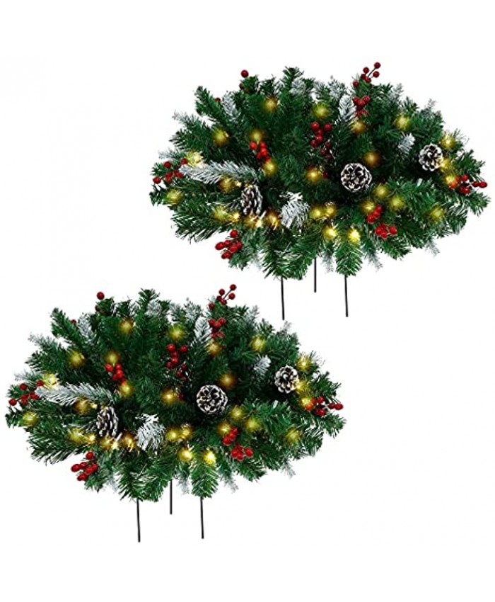 Juegoal 2 Pack Christmas Urn Filler Pre-lit Artificial Christmas Tree with Ornaments Lighted Xmas Pine Trees Tripod Stake & Pre-Strung 60 LED Lights Frosted Planter Filler Holiday Home Decorations