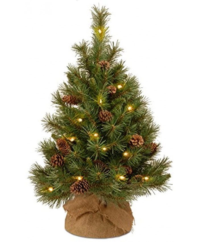 National Tree Company Pre-lit Artificial Mini Christmas Tree | Includes Small White LED Lights and Cloth Bag Base | Pine Cone Burlap 3 ft