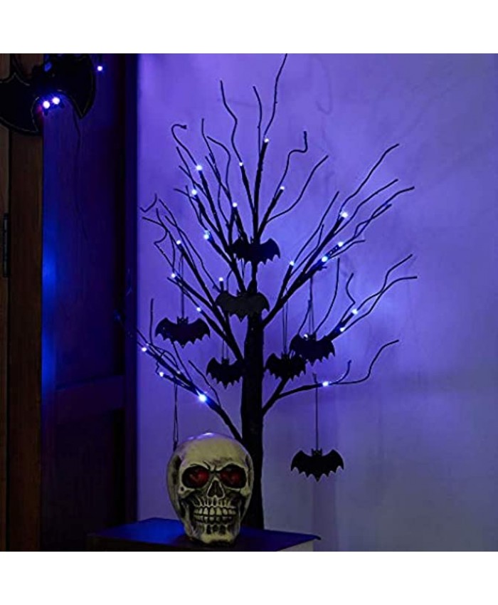 PEIDUO 2FT Halloween Black Tree Battery Powered with 24 Purple Lights and 8 Bats Ornaments Light Up Bonsai Tree for Halloween Indoor Tabletop Decoration