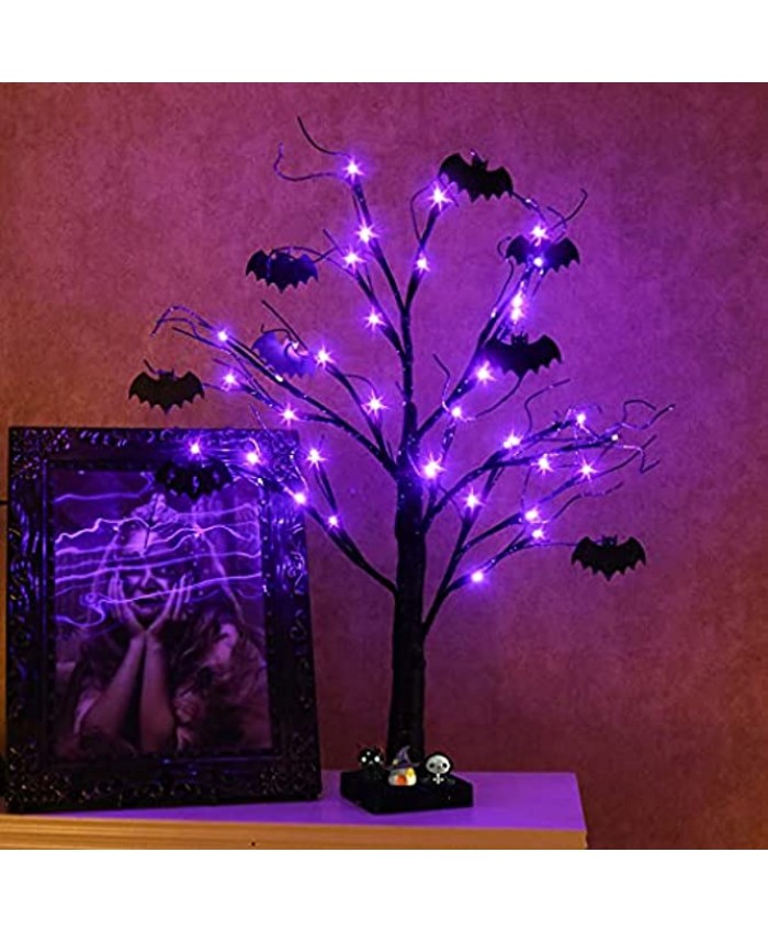 Vanthylit 2FT 24LED Black Spooky Tree Glittered with Purple Lights and Bat Decorations Battery Powered Tabletop Bonsai Tree Decoration for Halloween and Indoor