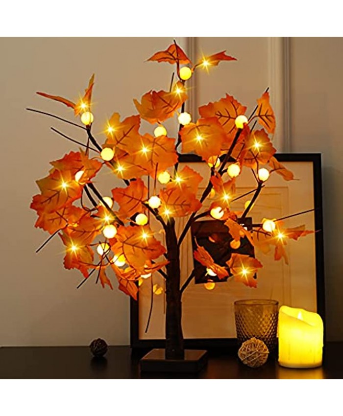 YEECHUN 24 Inch Artificial Fall Lighted Maple Tree 24 LED Pumpkin Lights Battery Operated for Halloween Thanksgiving Christmas Harvest Home Decoration