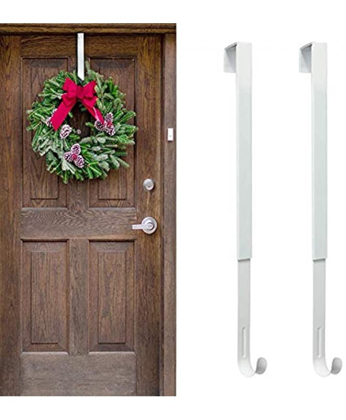 2 Pack Adjustable Length Wreath Hanger for Front Door Christmas Decoration 15” 24” Telescopic Metal Over The Door Single Hook for Party Decoration Hanging Clothing Towels Wreaths Bags （White）