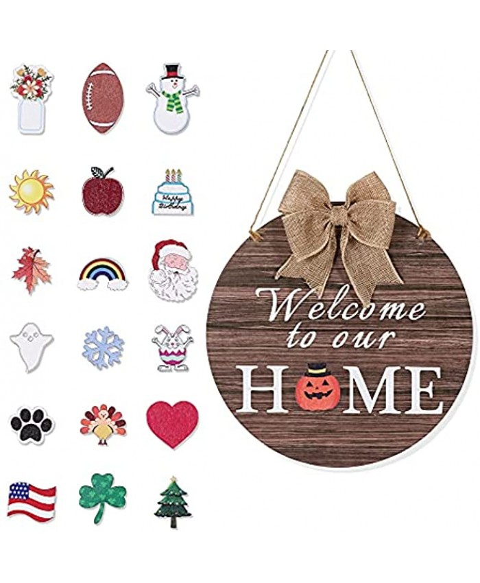 Alnicov Interchangeable Welcome Door Sign Front Door Decor,Rustic Wood Round with Bow of Jute Wall Hanging for Housewarming Gifts,Christmas Holiday Décor