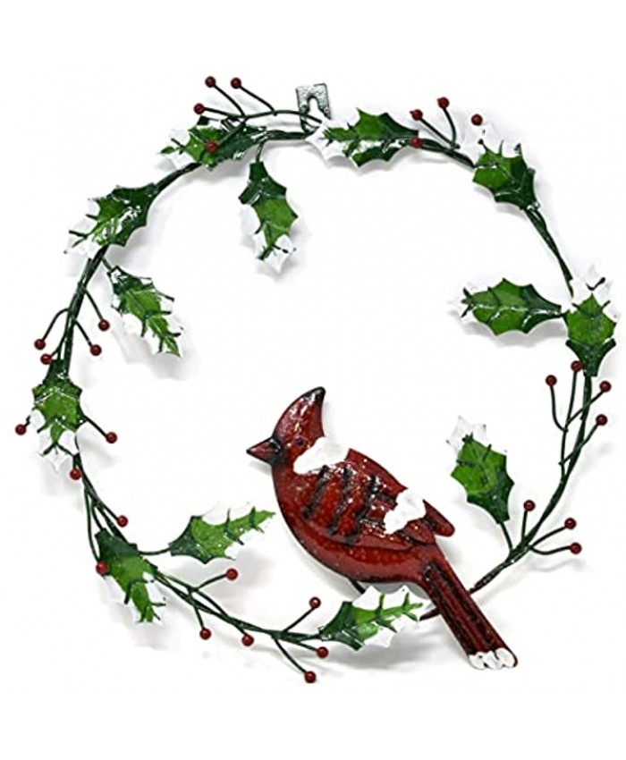 Elegant Metal Wire Wreath Christmas Card Holder with Red Cardinal & Green Holly Leaves 12 Inch Hanging Wall Mount Xmas Photo Display Decorative Holiday Greeting Card Hanger Door Decoration Home Decor