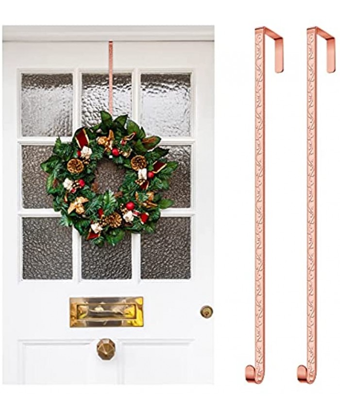Fovths Christmas Metal Wreath Hanger 14.5 Inches Wreath Hook with Holly Embossed Design Over The Door Metal Wreath Hook Heavy Duty Wreath Hanger for Front Door Christmas Decorations Rose Gold 2