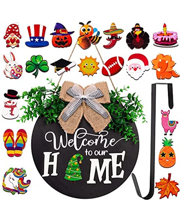 jollylife Welcome Sign Front Door Decorations + Wreath Hanger + 21PCS Interchangable Seasonal Plaques Christmas Home Porch Decor Indoor Outdoor Hanging Ornaments Gifts