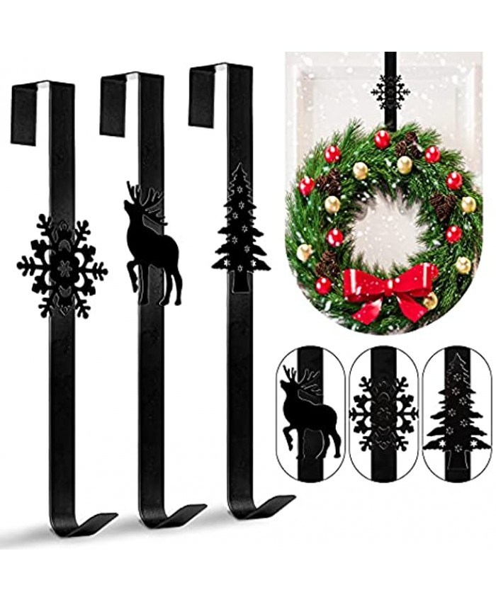 Whaline 3Pccs Christmas Wreath Hanger Over The Door Metal Wreath Hook Christmas Tree Snowflake Reindeer Hook for Xmas Party Decor Door Wall Home Office Black 15in