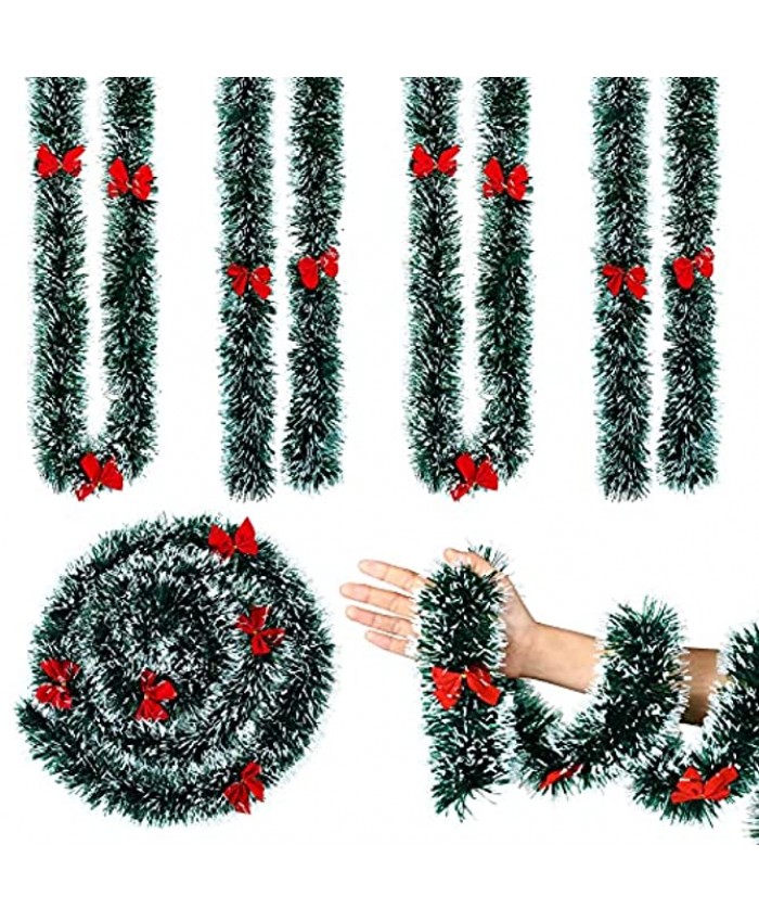4 Pieces Christmas Garland 26 Feet Artificial Pine Xmas Garland Dark Green and White Garland with 20 Pieces Red Bows Holiday Party Christmas Tree Decoration for Home Indoor Outdoor Decoration