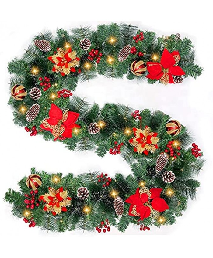 6 Ft Prelit Christmas Garland Decoration 50 LED Lights Timer 8 Modes 20 Snowy Bristle Pine,6 Poinsettia,4 Ball Ornaments,12 Snowy Pinecone,132 Red Berries Battery Operated for Home Indoor Mantle Decor