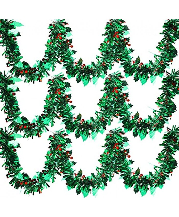 6 Pieces 39 Feet Green Tinsel Christmas Garland Green Metallic Garland with Red Berries Leaves Green Christmas Tree Tinsel Garland Green Metallic Twist Garland for Christmas Tree Ceiling Hanging Decor