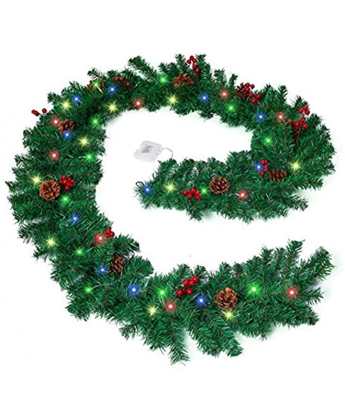 9ft Prelit Lighted Christmas Garland with Red Berries and Pine Cones Battery Operated Colored Lights Timer Outdoor & Indoor Artificial Garland Christmas Decorations for Mantel Fireplace Stair Door