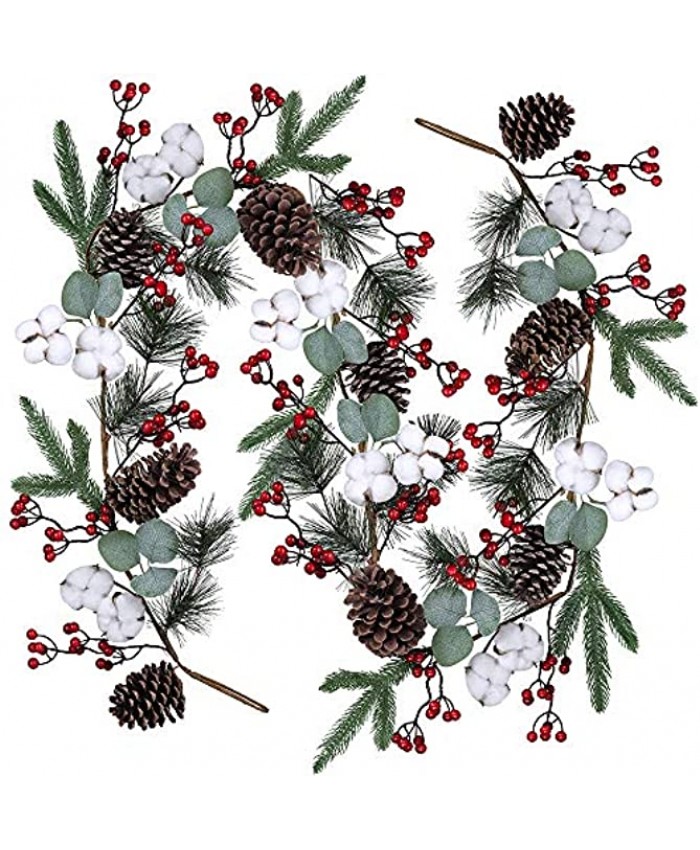 Artificial Christmas Pine Garland with Berries Pinecones Spruce Eucalyptus Leaves Cotton Balls Winter Greenery Garland for Holiday Season Mantel Fireplace Table Runner Centerpiece Décor 6 feet