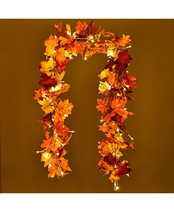 Artiflr 2 Pack Fall Garland Maple Leaf with 16.4Ft 40 LED String Light 5.9Ft Piece Hanging Vine Garland Artificial Autumn Foliage Garland Thanksgiving Decor for Home Wedding Fireplace Party Christmas