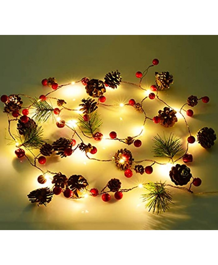 Artiflr 6.7FT Christmas Garland with Lights 20 LED Red Berry Pine Cone Garland Lights Battery Operated led Garland String Lights Christmas Decorations for Home Garland for Fireplace