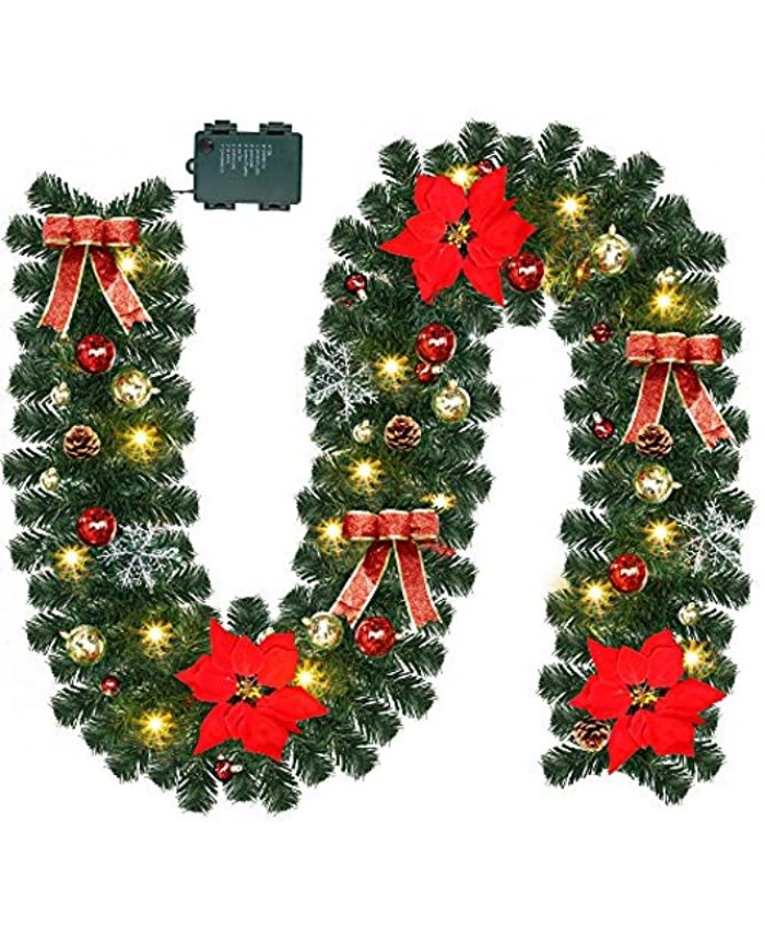 Lulu Home Christmas Garland 9FT Pre-lit 40 LED Christmas Garland with 24 Xmas Balls Battery Operated Christmas Lighted Poinsettia Garland Indoor Outdoor for Fireplace Staircase Railing Decoration