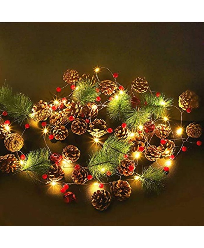 MAOYUE Christmas Garland with Lights 9.18Ft 30 LED Pre-lit Xmas Garland Lighted Battery Operated with Pine Cones Berries Pine Needles Bells Christmas Decorations for Indoor New Year Wedding Party