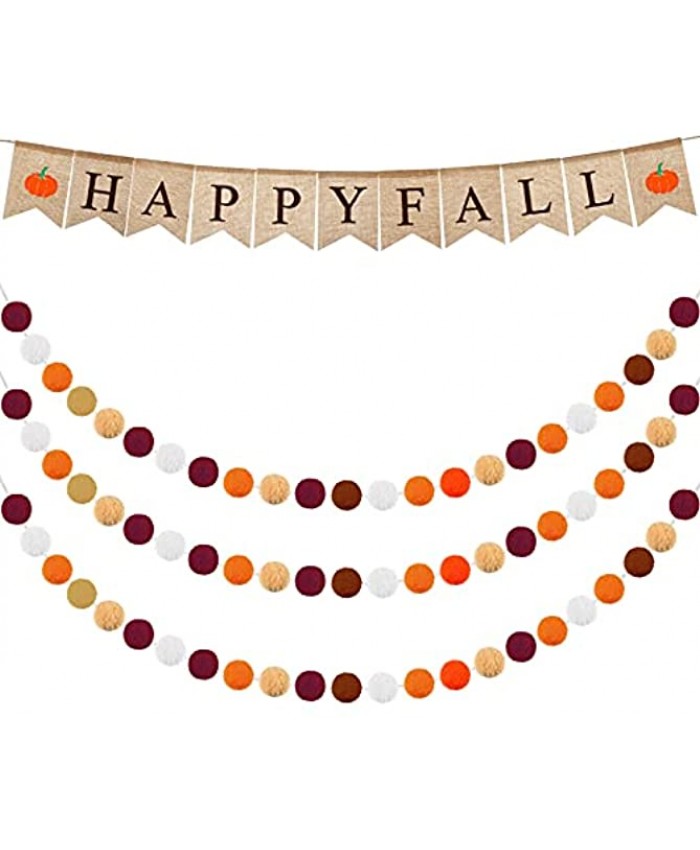 Tatuo Burlap Banner Burlap Bunting 3 Pieces Pom Pom Balls Banner Felt Balls Hanging for Thanksgiving Fall Pumpkin Christmas Valentine's Day Decorations Classic Style