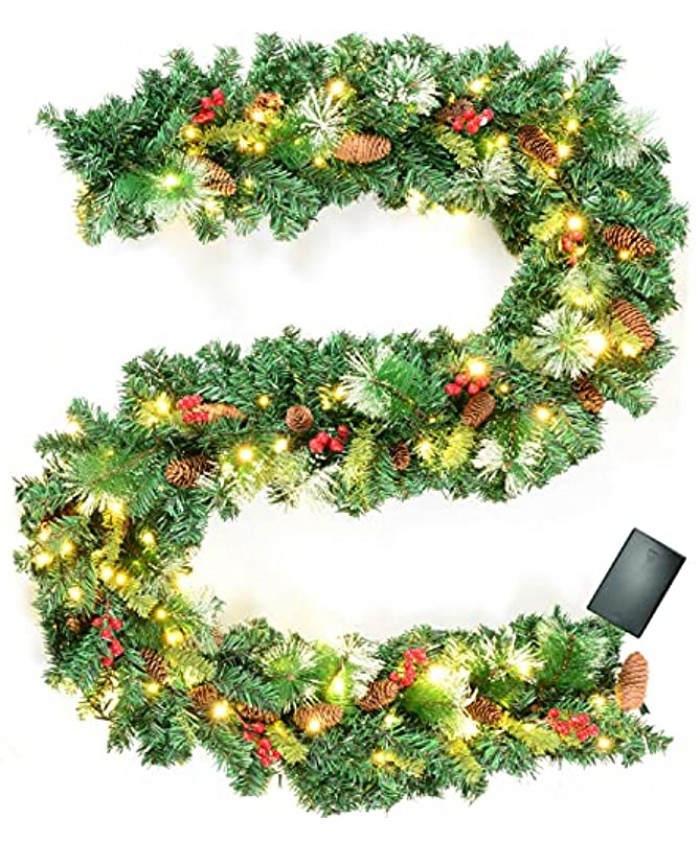 Winisok 9 Ft Prelit Artificial Christmas Garlands with 100 Lights- 240 Branch Tips Battery Operated Outdoor Indoor Christmas Decorations Red Berries and Pine Garland