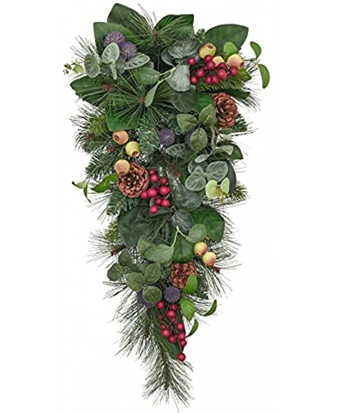 Valery Madelyn 17 inch Natural Christmas Teardrop Swag for Front Door with Pine Cone Berries and Leaves Artificial Swag Decoration for Indoor & Outdoor Window Wall Mantle Home Xmas Decor