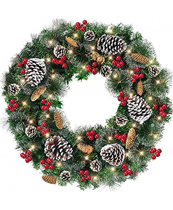 26" Prelit Artificial Christmas Wreath 80 Lights Timer Battery Operated Red Berries Pinecones Snowy Bristle Pine Thick Xmas Wreath for Front Door Christmas Decoration Home Indoor Outdoor Warm White