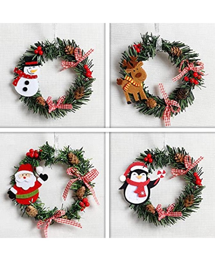 4 PCS Christmas Wreath Decorations with Snowman Santa Pine Wreathes for Front Door Window and Home Christmas Indoor-6 Inch…