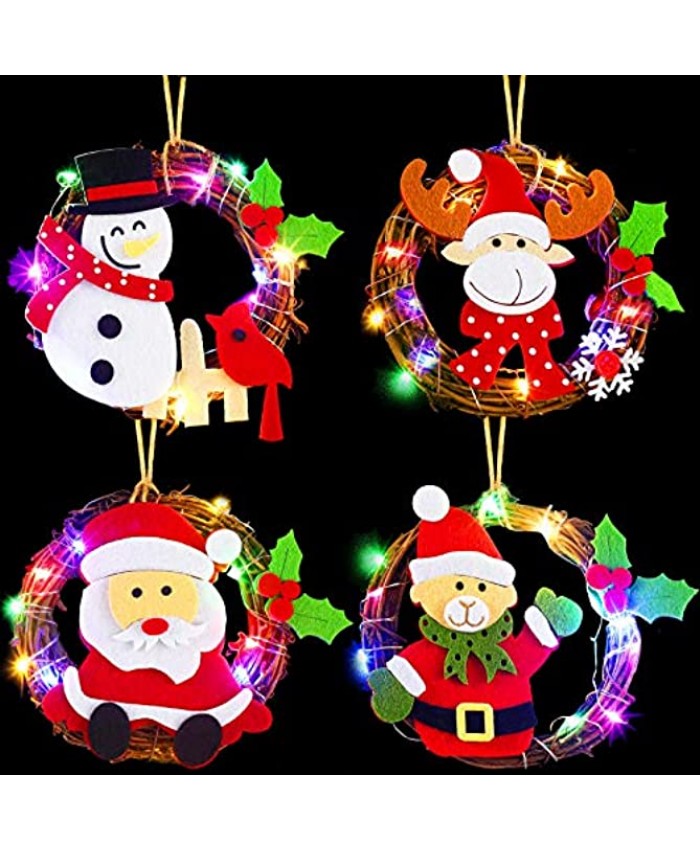 4 Pieces Artificial Christmas Wreath Christmas Holiday Hanging Wreath Snowman Santa Claus Door Ornaments Garland with 4 Pieces LED Lights String for Window Door Wall Christmas Indoor Home Decor