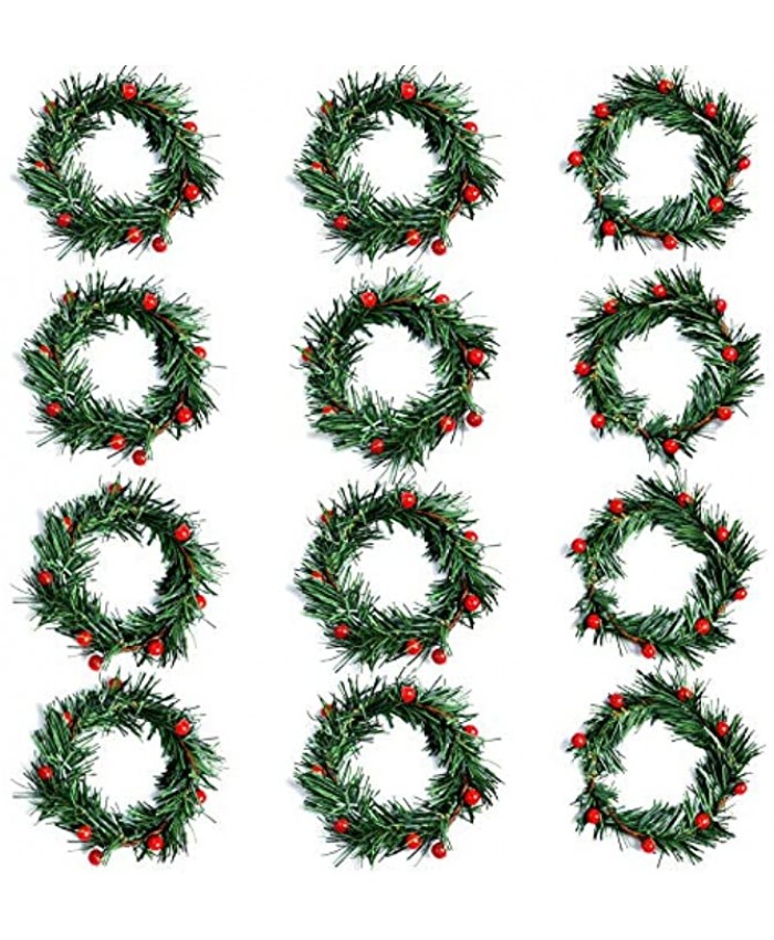 Artflower 12 Pcs Christmas Candle Rings Wreath 3 Inch Mini Christmas Wreath with Red Artificial Berry Christmas Pine Wreath Candle Holder Rings for Christmas Holiday Table Decorations