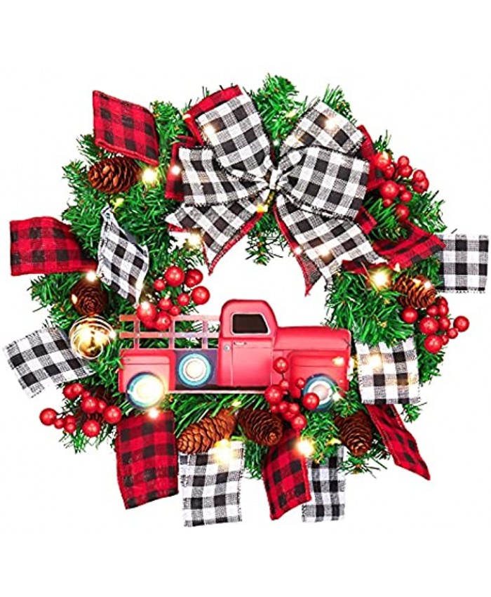 Christmas Wreath Artificial Red Truck Holiday Pinecone Wreath with LED Lights Hanging Garland for Front Door Decoration and Christmas Party Decor Christmas Car