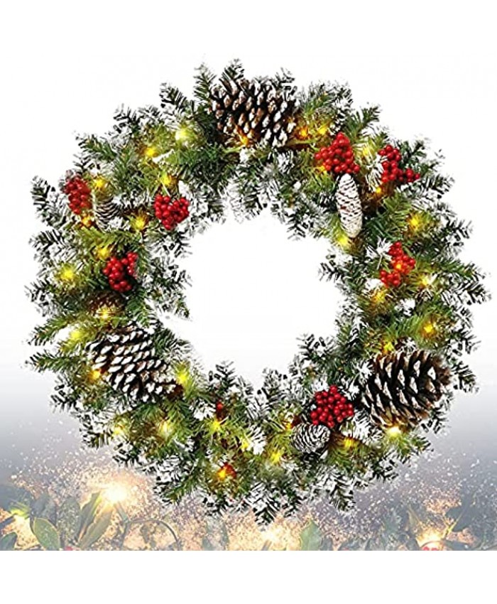 Christmas Wreath Christmas Fireplace Decorations 24 inch Christmas Wall Wreaths with LED Lights Red Artificial Berries and Artificial Pine Cones Suitable for Christmas Door Decorations