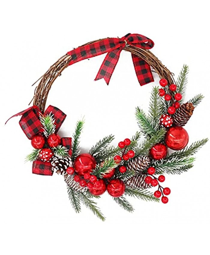Christmas Wreath for Front Door Grapevine Wreath Hanging Evergreen Garland with Bowknot Pinecone Red Berries Ball Ornaments for Home Party Decoration Holiday Winter Gift