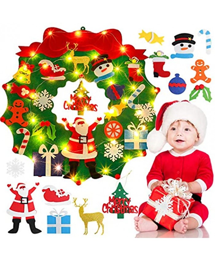 Felt Christmas Wreath,Outgeek 24 Inch DIY Christmas Wreath Hanging Ornaments Kit with 20PCS Crafts Accessories and 5M String Light Xmas New Year Gifts for Kids Home Door Wall Indoor and Outdoor Decor