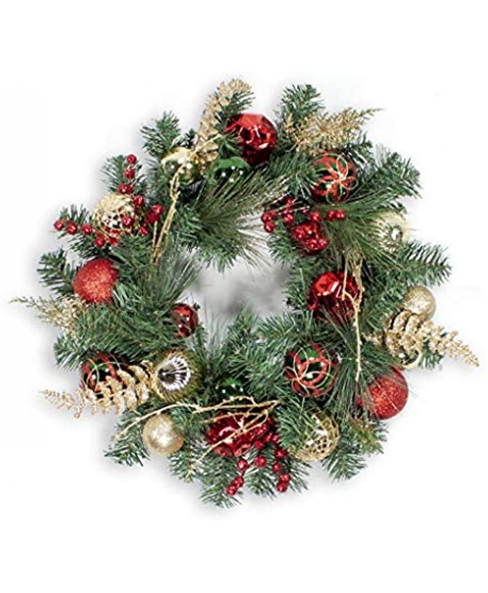 Holiday Pride 24 Inch Decorated Christmas Wreath Artificial Christmas Wreath with Red Green and Gold Ornament Balls Gold Glitter Leaves Twigs and Red Berries