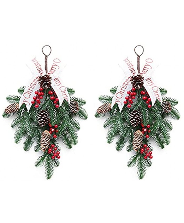 IMFILM 2Pcs 19.6Inch Christmas Teardrop Floral Swag,Hanging Christmas Garland Rattan,Red Berry Pine Cone Needle Branch Harvest Wreath for Shop Windows Fireplaces Decor