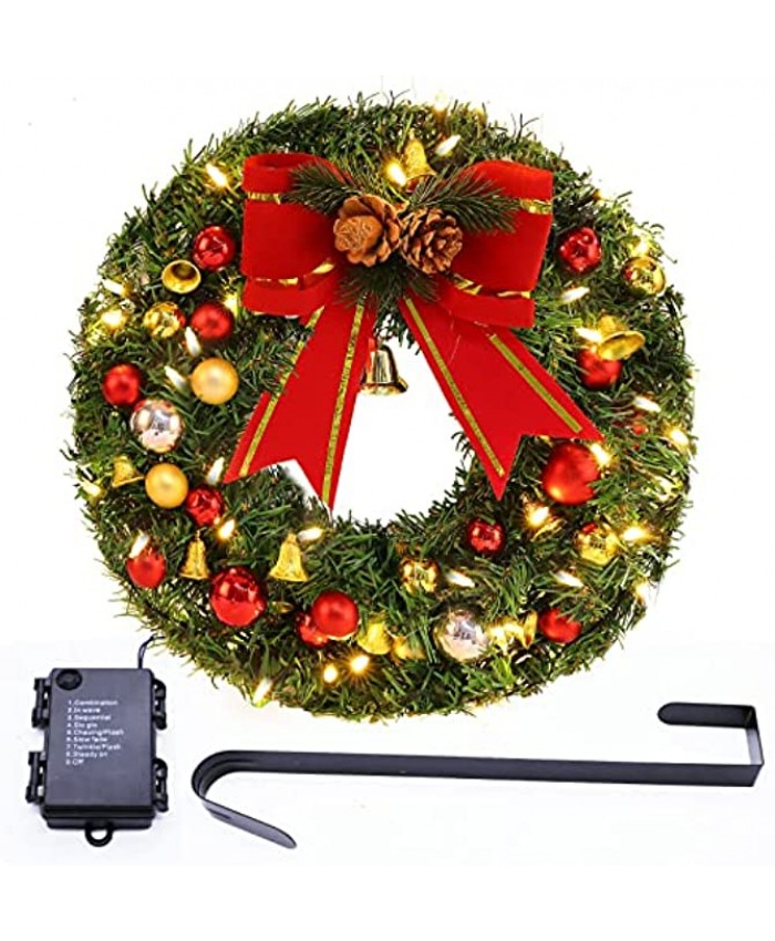 LAIWEN 16inch Outdoor Christmas Wreath with Lights 8 Modes 50 LED Large Christmas Wreaths for Front Door Outside Christmas Door Wreath with Hanger Bells