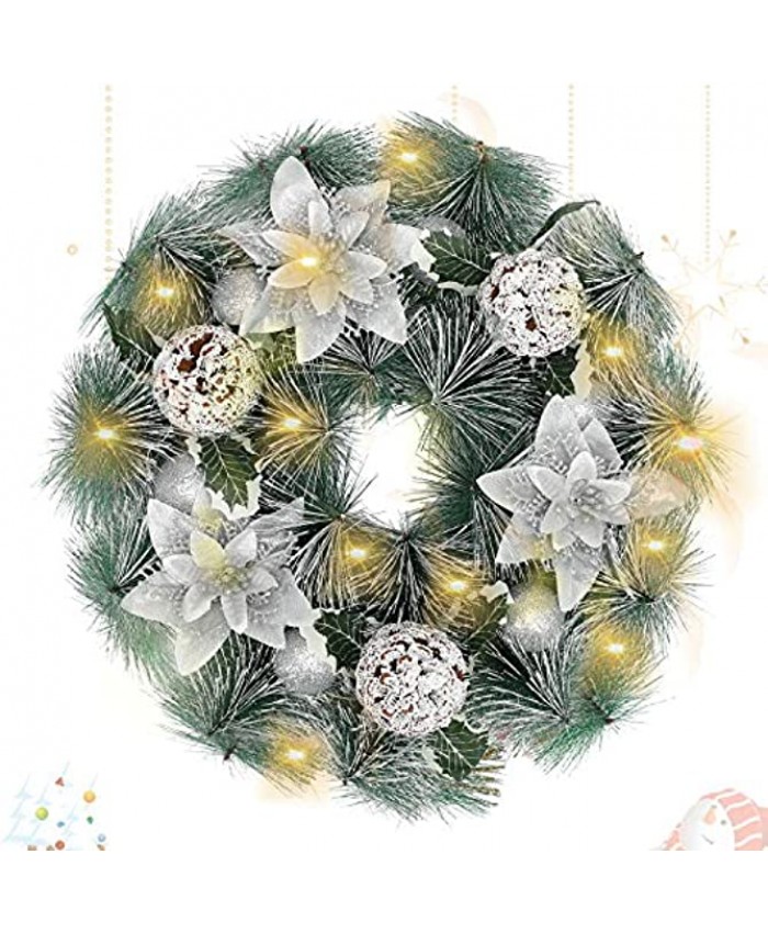 LessMo Christmas Wreath with 30 LED Lights for Front Door Decorations Sliver Flower Garland Ornament for Indoor Outdoor Home Wall Xmas Party Decor