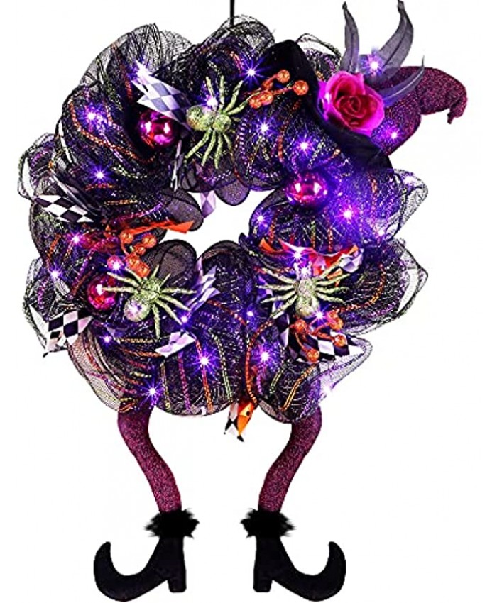 Lulu Home Halloween Wreath 30 LED Purple Lighted Front Door Wreath with Witch Hat Leg Mesh Decor Battery Operated Halloween Wired Ribbon Wreath Artificial Door Wreath Hanging Ornament NOT PRELIT