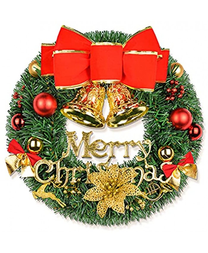 Merry Christmas Wreaths 12inch Handmade Christmas Garlands with Red Bowknot Golden Bell and for Indoor Outdoor Door Wall Ornament Window Red